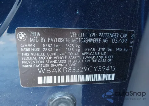 2009 BMW 750Li из США, поврежденный, VIN WBAKB83529CY59415